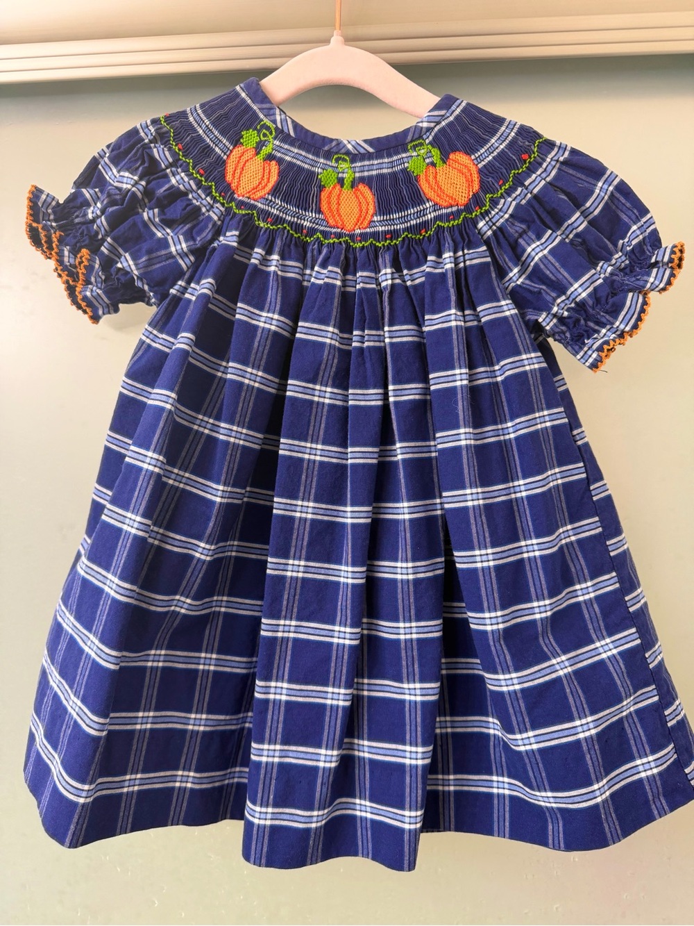 Blue Plaid Pumpkin Smocked Baby Dress 6M